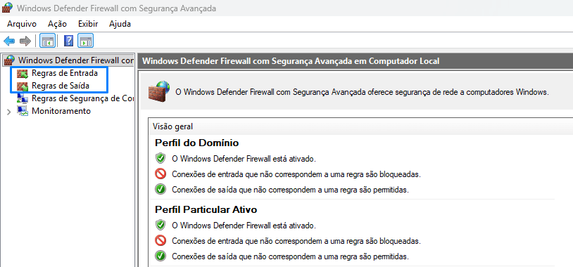 Menu lateral do firewall com Regras de Entrada e Regras de Saída