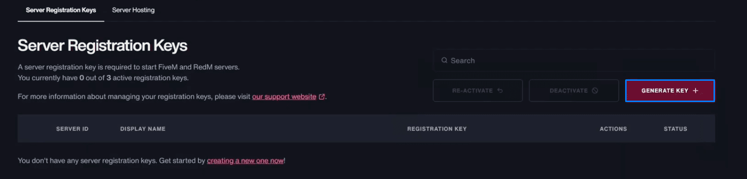 Página de Server Registration Keys com o botão Generate Key destacado