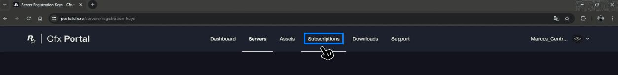 Menu do Cfx Portal com a aba Subscriptions destacada