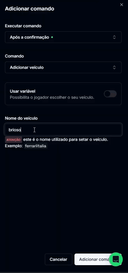 Painel de adicionar comando com a opção Adicionar veículo e o campo do nome do veículo