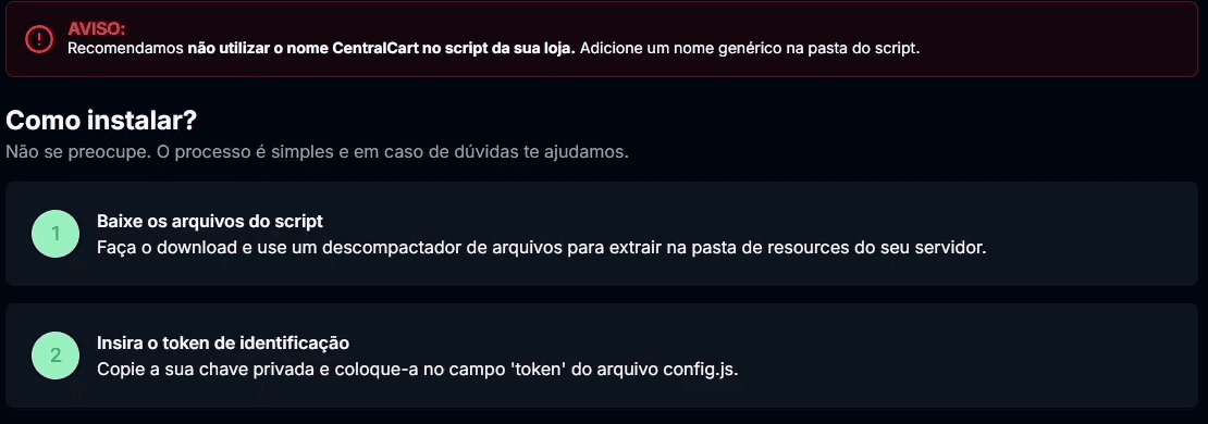 Aviso recomendando não usar o nome CentralCart na pasta do script
