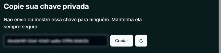 Campo da chave privada no painel com o botão de copiar