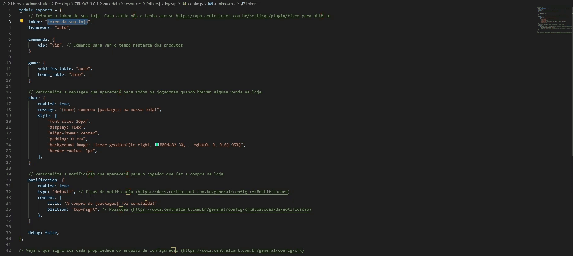 Arquivo config.js aberto com o campo token em destaque