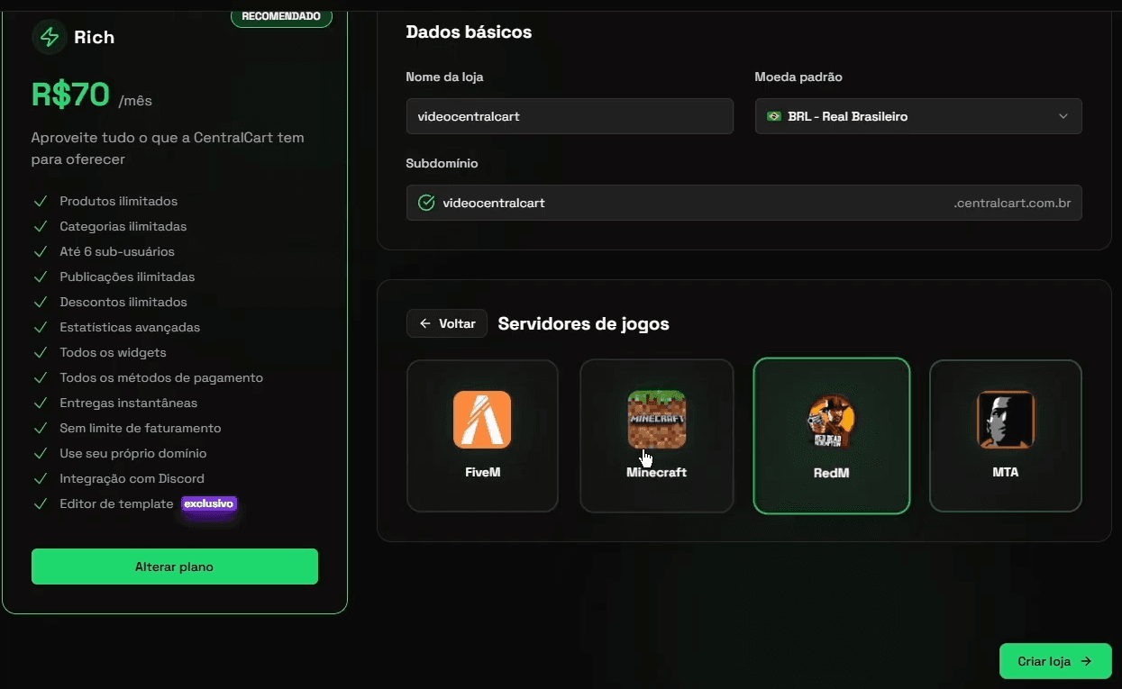 Tela de criação da loja com o plano Rich selecionado, os dados básicos e a escolha do jogo