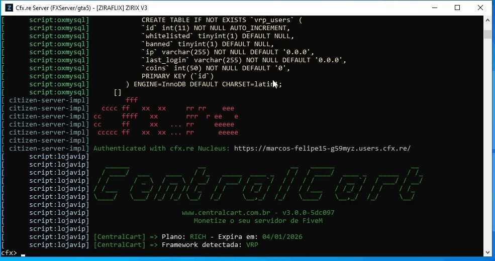 Console do servidor mostrando o script da CentralCart conectado, com plano e framework detectada