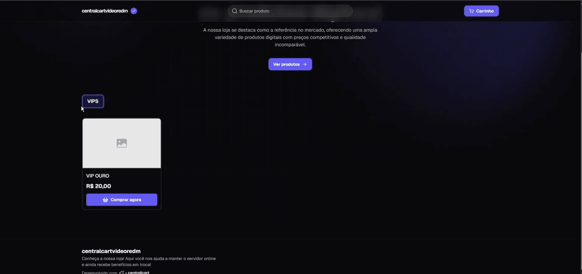 Loja aberta no navegador com a categoria VIPS e o produto VIP OURO