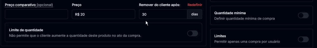 Campos de preço e Remover do cliente após, com 30 dias definidos