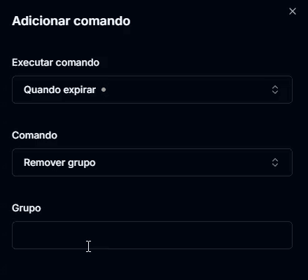 Painel de adicionar comando com Quando expirar e o comando Remover grupo