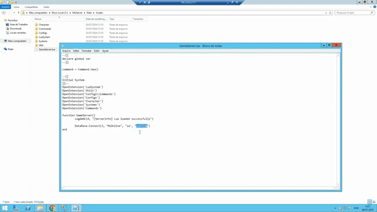 Arquivo GameServer.lua com a linha DataBase.Connect mostrando banco, usuário e senha