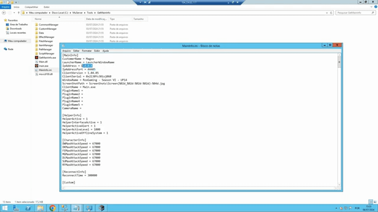 Arquivo MainInfo.ini aberto com os campos IpAddress e IpAddressPort
