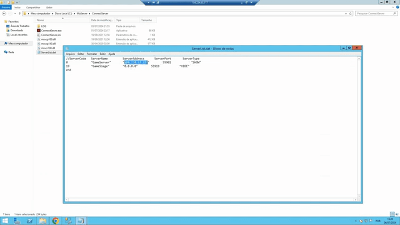 Arquivo ServerList.dat aberto no bloco de notas com as linhas do GameServer e do GameSSiege