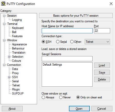 Tela do PuTTY com o campo de host name preenchido e o protocolo SSH selecionado