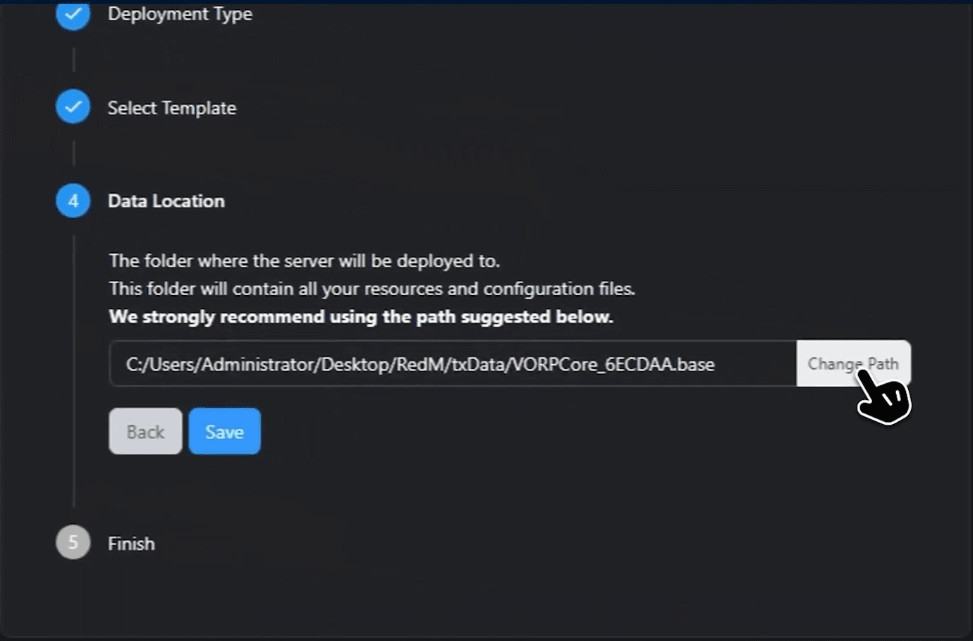 Passo de Data Location do txAdmin com o caminho sugerido e o botão Change Path