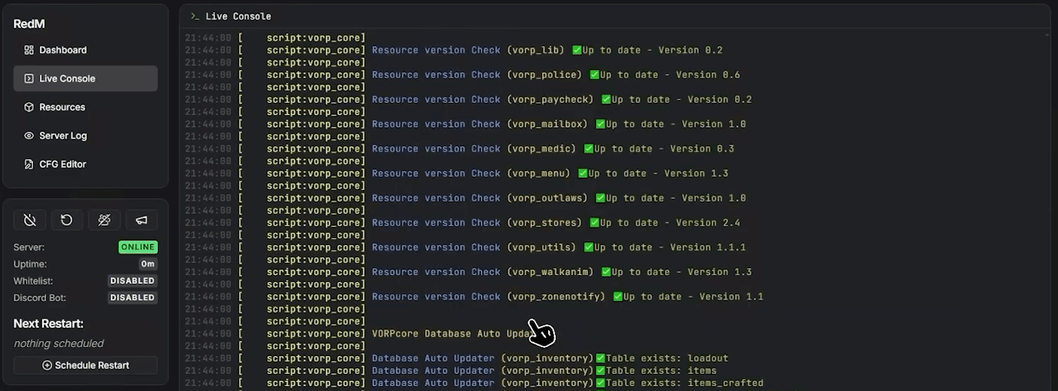 Live Console do txAdmin com o servidor RedM online e os resources da VORP carregando