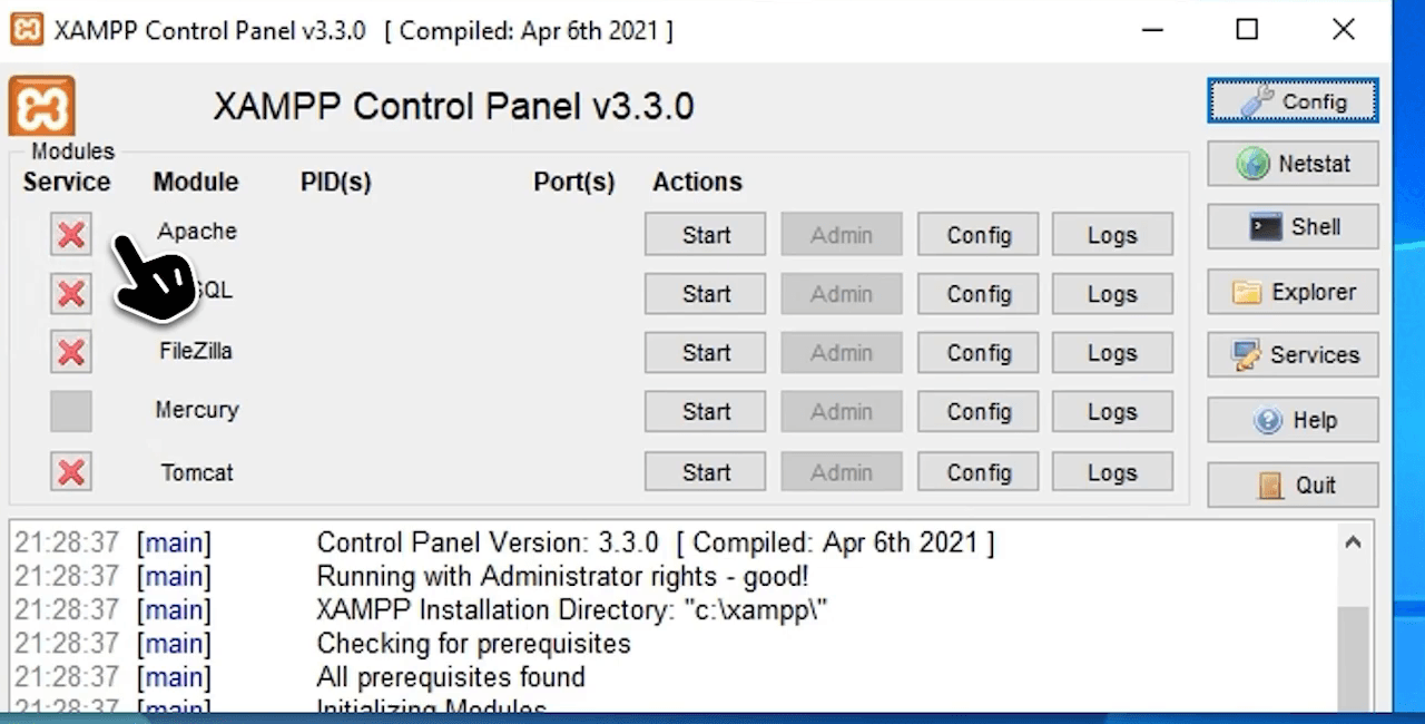 Painel do XAMPP rodando com direitos de administrador