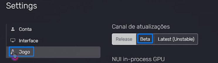 Configurações do FiveM com o canal de atualizações definido como Beta