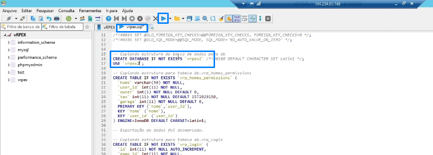 Arquivo sql com o nome do banco alterado e o botão de executar destacado