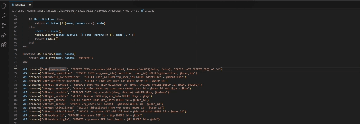 Arquivo base.lua com a linha do create_user destacada entre as demais queries do vRP