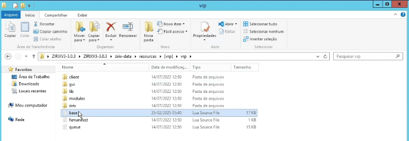 Pasta vrp dentro dos resources com o arquivo base.lua selecionado