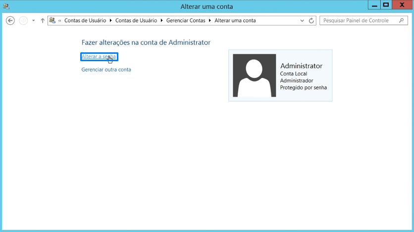 Tela da conta Administrator com a opção Alterar a senha destacada