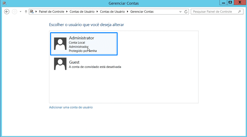 Lista de contas do Windows com o Administrator selecionado