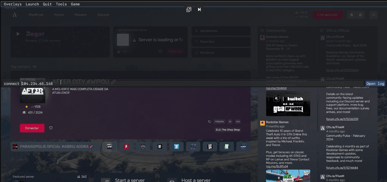 Console do FiveM com o comando connect e o IP do servidor