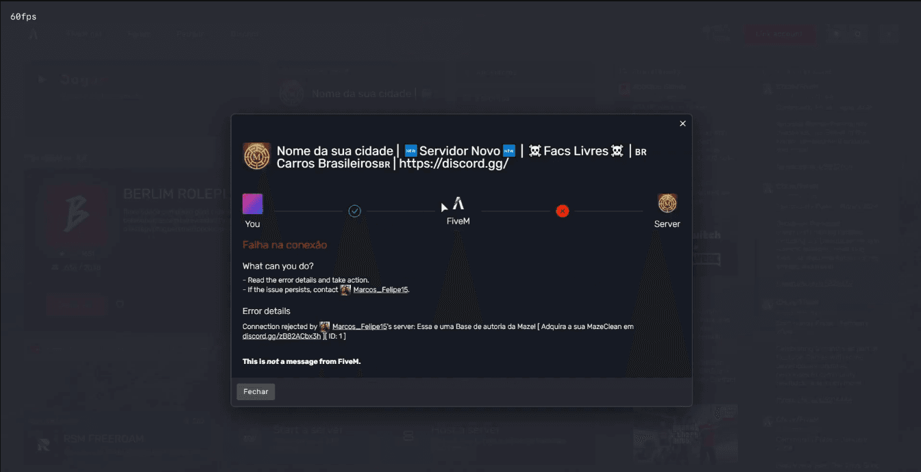 Mensagem de conexão recusada pelo servidor por causa da whitelist