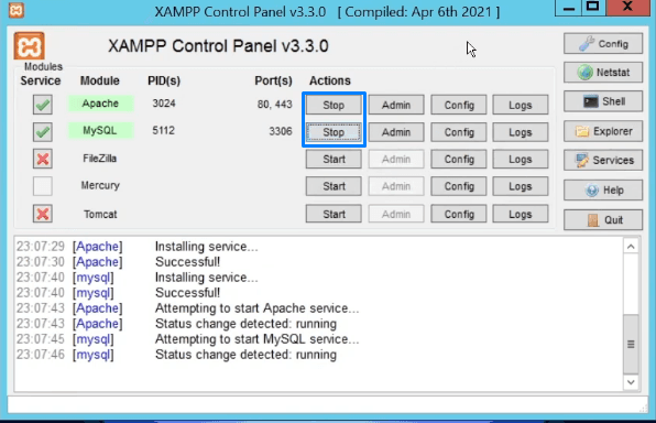 Painel do XAMPP com Apache e MySQL rodando