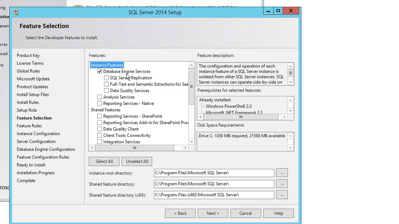 Tela Feature Selection do SQL Server 2014 com a lista de recursos disponíveis