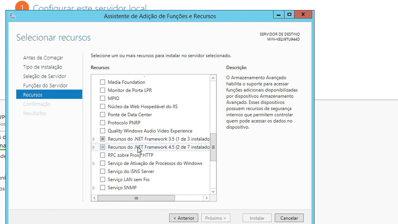 Assistente de adição de funções e recursos do Windows Server com o .NET Framework 3.5 na lista
