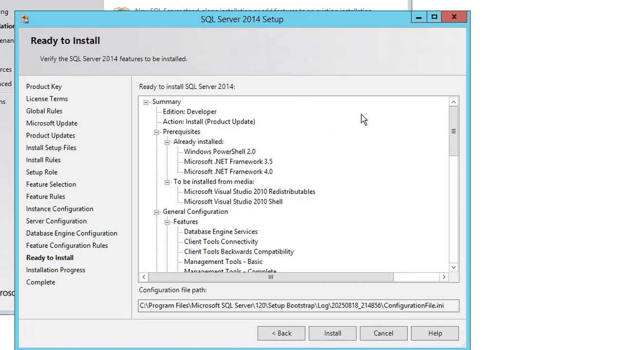 Tela Ready to Install do SQL Server 2014 com o resumo dos recursos selecionados