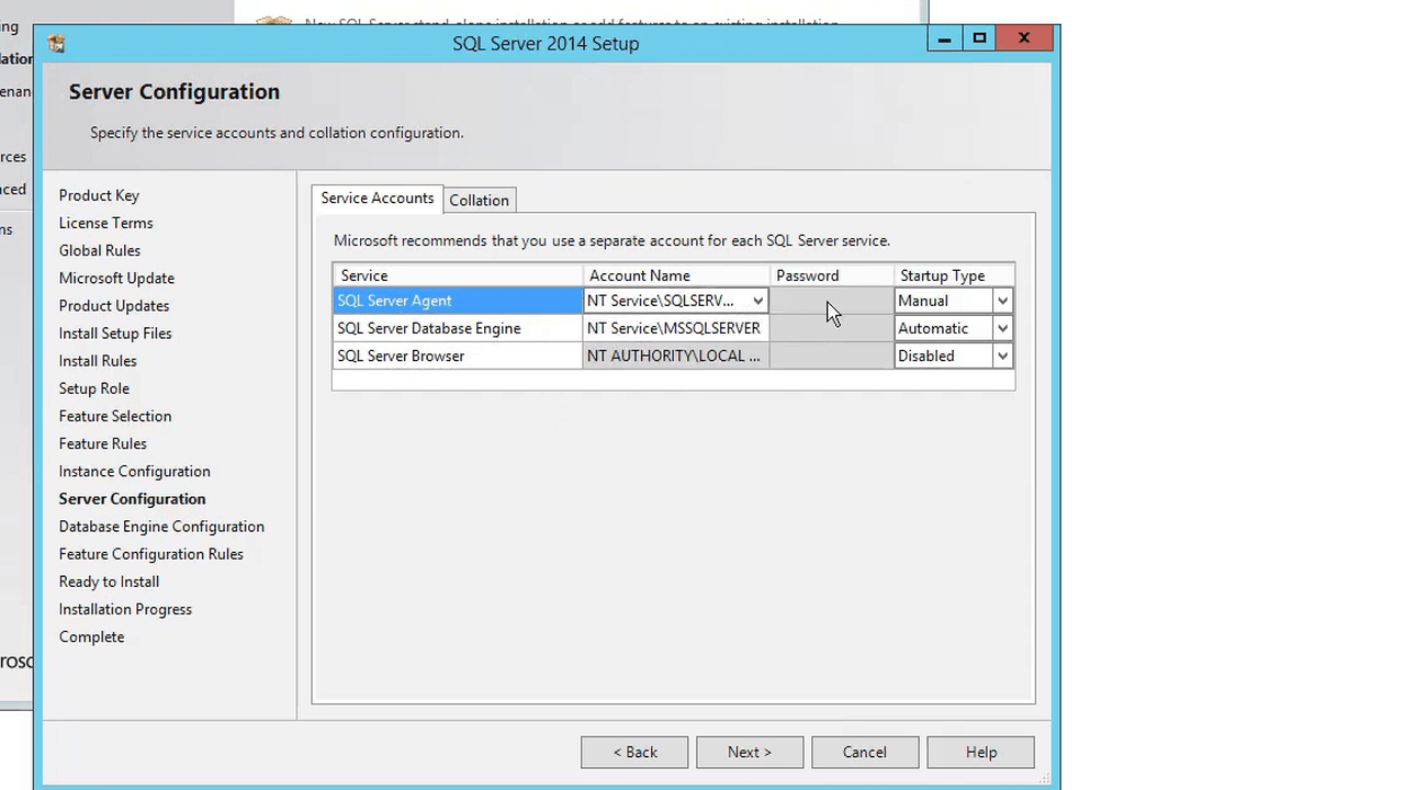 Tela Server Configuration do SQL Server 2014 com o tipo de inicialização dos serviços