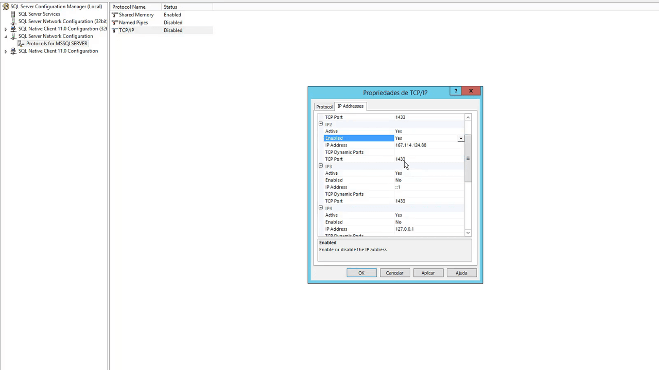 Propriedades de TCP/IP do SQL Server com a aba IP Addresses e a porta 1433