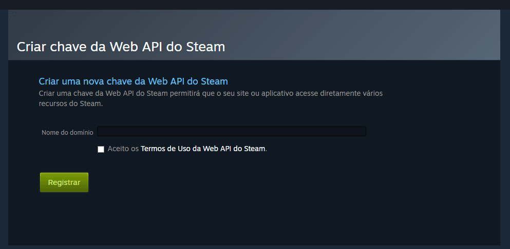 Formulário de criação da chave da Web API do Steam