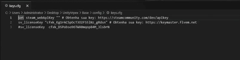Arquivo keys.cfg com as linhas steam_webApiKey e sv_licenseKey