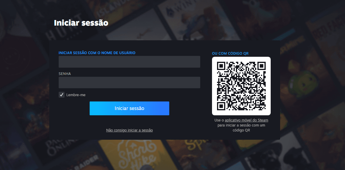 Tela de login da Steam