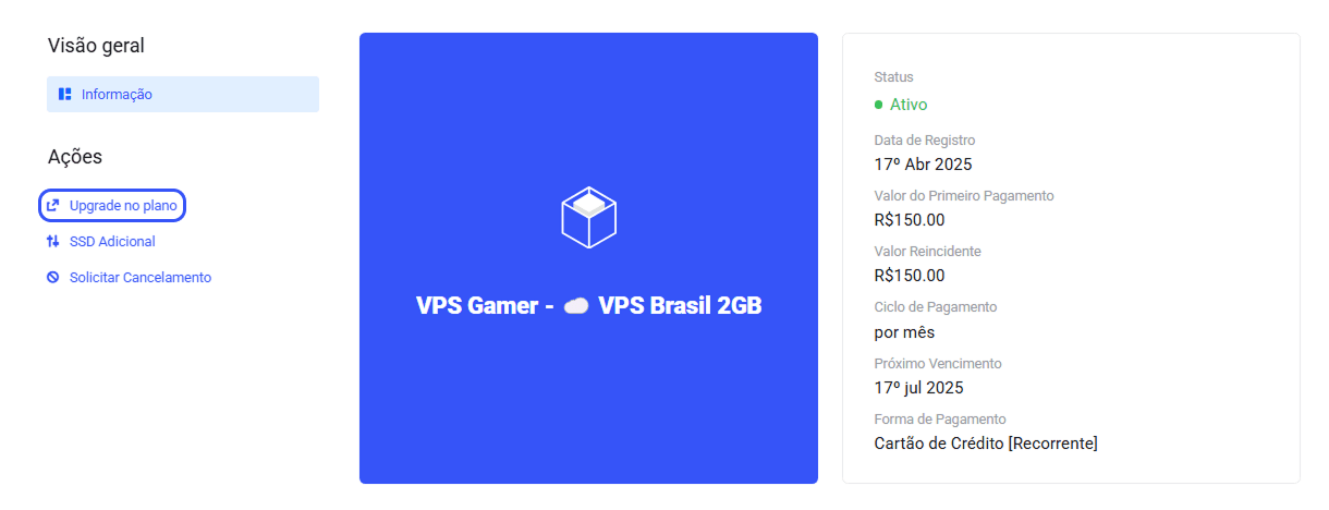 Opção de upgrade no plano dentro do painel de controle