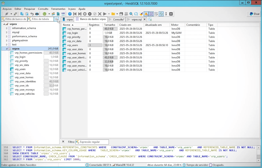 HeidiSQL mostrando o banco de dados atual da base com as tabelas e registros