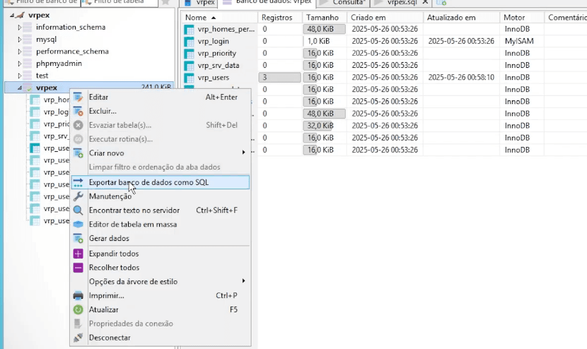 Menu de contexto do banco com a opção Exportar banco de dados como SQL