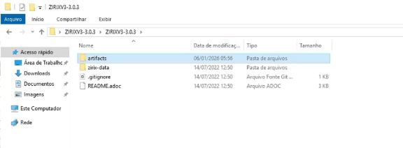 Raiz da base ZIRIX com a pasta artifacts recém-criada