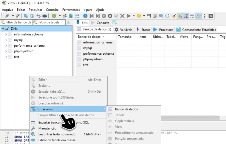 Menu do HeidiSQL com a opção Criar novo e Banco de dados