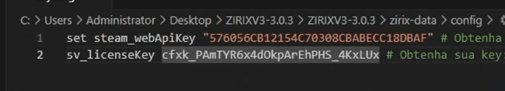 Arquivo keys.cfg com as linhas steam_webApiKey e sv_licenseKey preenchidas