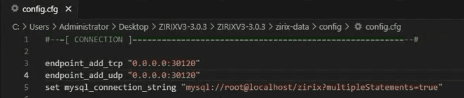 Arquivo config.cfg da ZIRIX com as linhas de porta e a string de conexão do MySQL