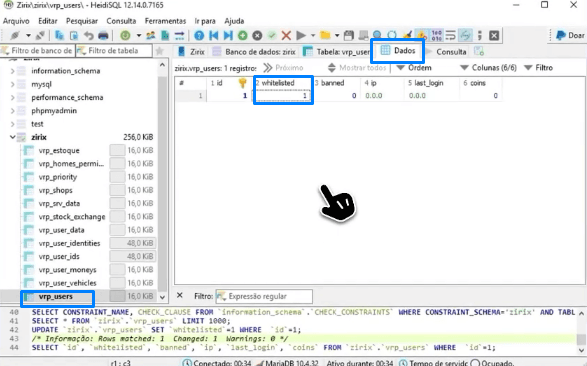 Tabela vrp_users no HeidiSQL com a coluna whitelisted alterada para 1